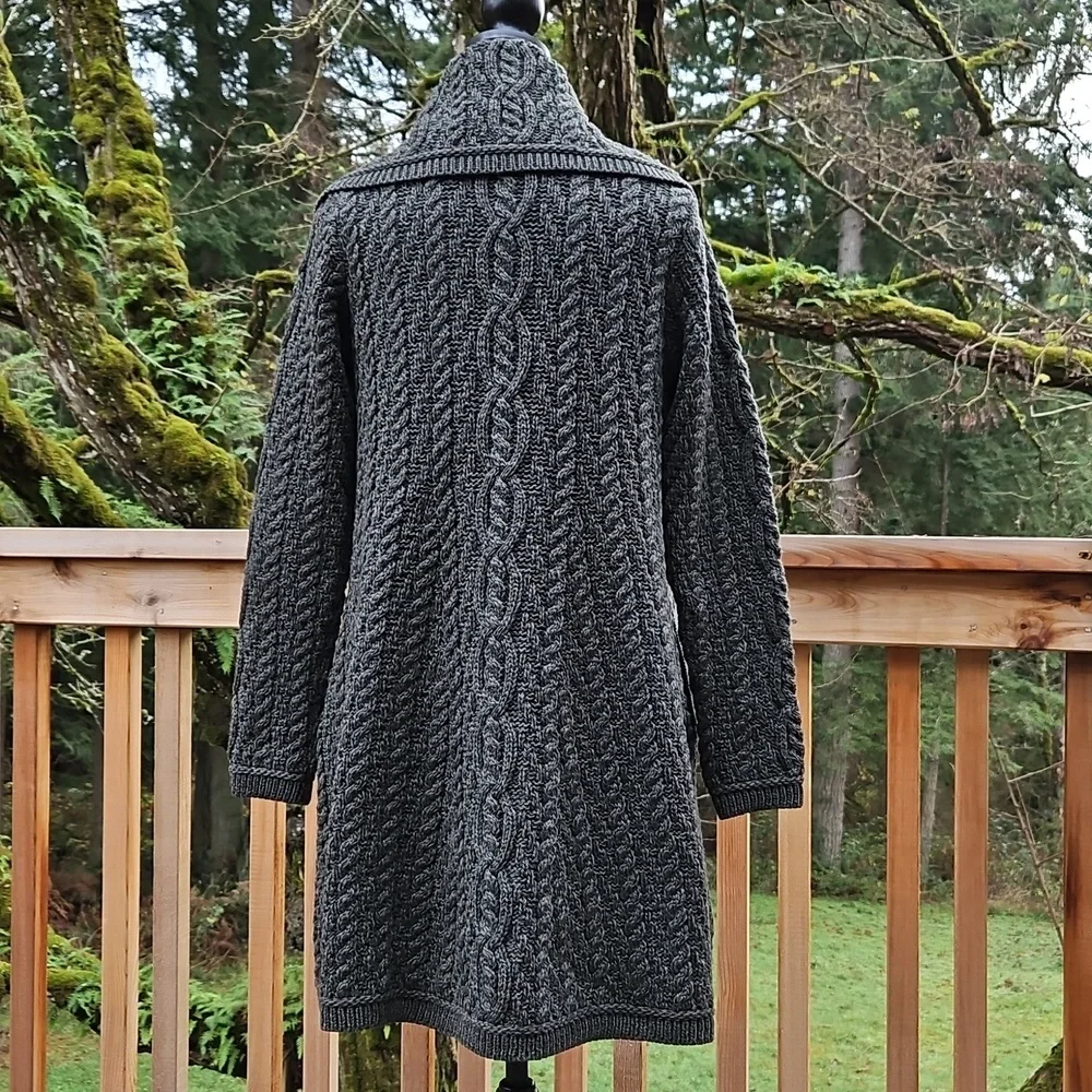 Aran Craft Cardigan | Large  Collar | Forest Green | Button Up | Pockets Size S - Picture 3 of 16